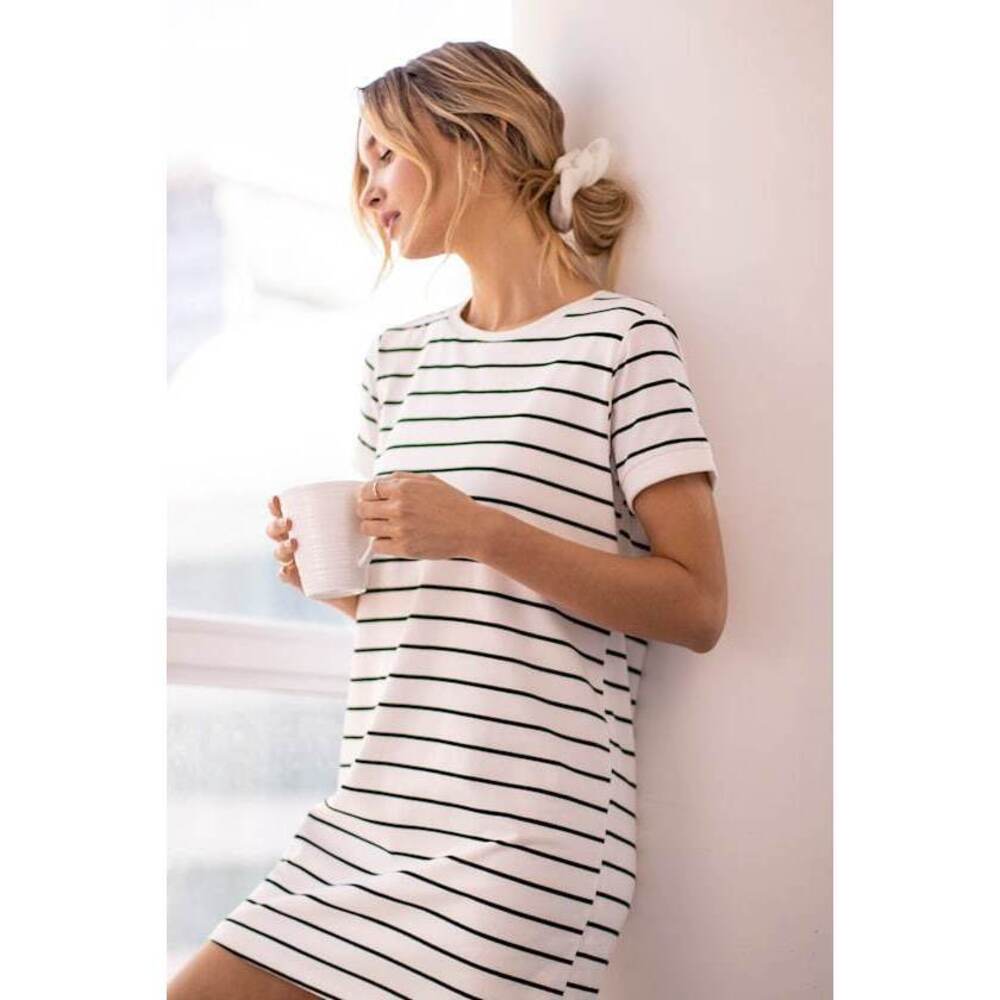 Lulus Cafe Society Black And Cream Striped Shirt Dress White - Size S